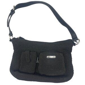 Rosetti  purse handbag black crochet 2 front one back  pocket strap zipper READ